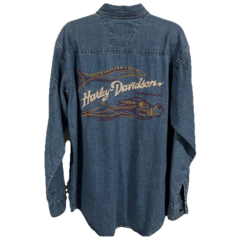 Harley Davidson Denim Jean Shirt Embroidered Flame Motorcycles Vintage Men's M